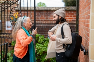 A male and a female talking